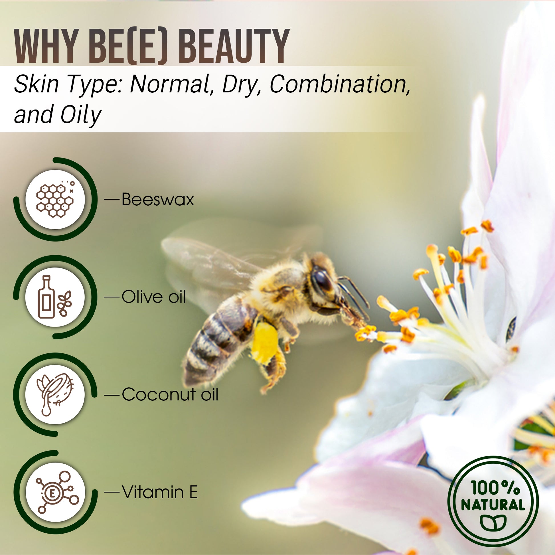 An infographic titled "Why Be(e) Beauty" for skincare, suitable for normal, dry, combination, and oily skin types. It features a honeybee on a flower and lists ingredients: beeswax, essential oils like olive oil and coconut oil, and vitamin E. A "100% Natural" icon is also included. Perfect as Mielbrut.com's Beeswax Balm: Moisturizer for lips, hands, feet and skin.