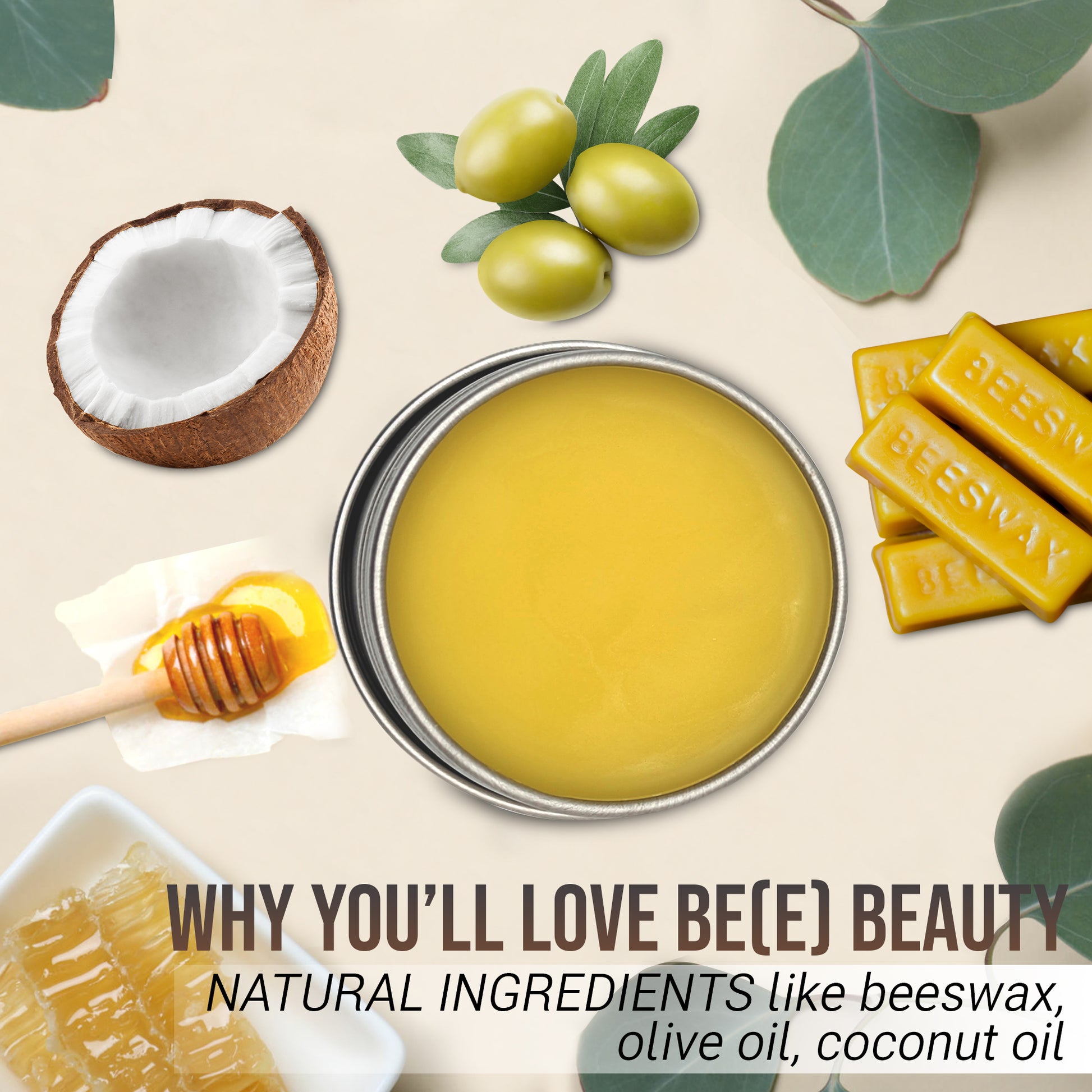 A promotional image for Mielbrut.com showcasing natural ingredients such as beeswax, olive oil, and coconut oil. The image includes a tin of Beeswax Balm: Moisturizer for lips, hands, feet and skin, a coconut half, olives, beeswax pieces, a honey dipper with honey, and bee comb. Caption reads, "WHY YOU'LL LOVE MIELBRUT.COM.