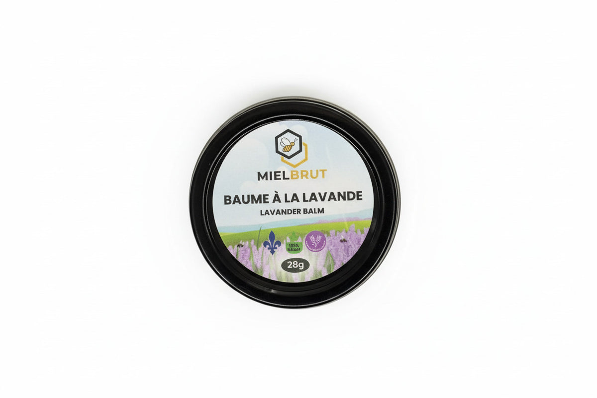Baume à la cire d'abeille et à la lavande Mielbrut sur une surface réfléchissante