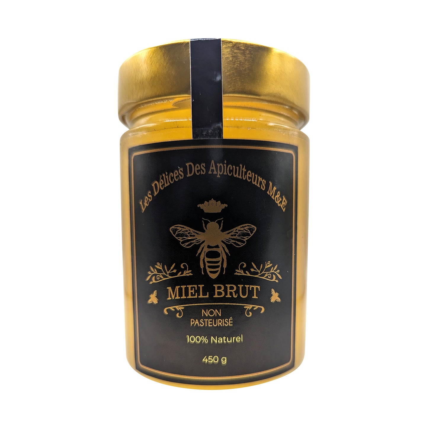 A jar of Beekeeper's Special Reserve: Exceptional Catalpa Honey from Mielbrut.com, featuring a golden lid and a black label. The label showcases a central bee illustration, surrounding text in French, and specifies that the honey is “Non Pasteurisé” (non-pasteurized) and “100% Naturel.” This limited edition jar contains 450 grams.