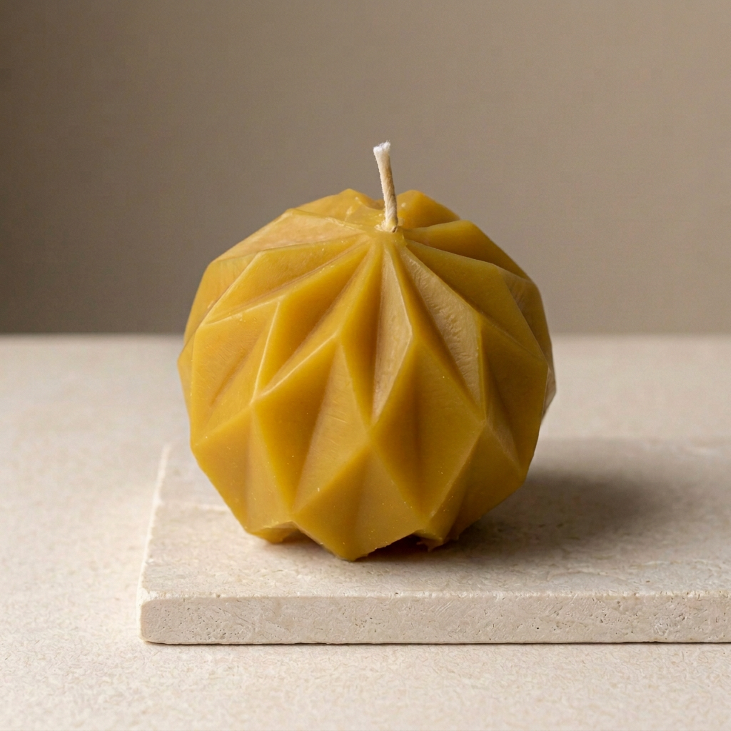 Candle on stone slab with right-side wax drips cleaned up