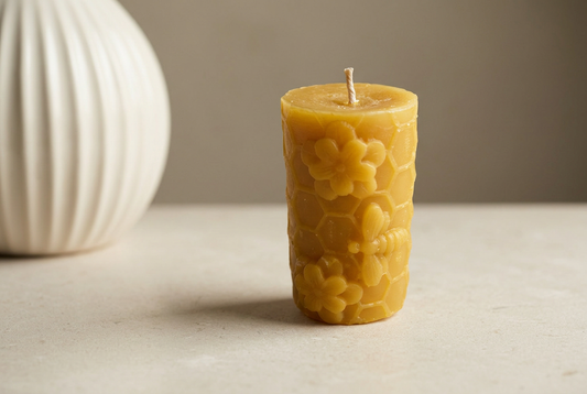 Bees and Flowers Pillar Candle in Pure Beeswax | Handmade in Quebec | Mielbrut