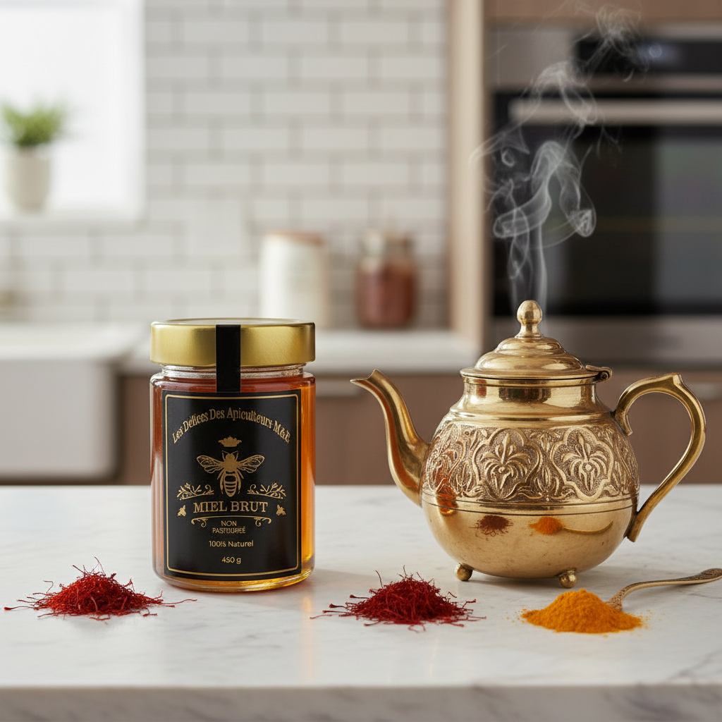 Pot de miel au safran Mielbrut sur un comptoir de marbre, près d'une théière en laiton et de filaments de safran