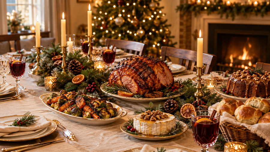 Table du souper de Noël avec un jambon glacé, un brie fondant aux noix, des choux de Bruxelles rôtis et du vin chaud près du foyer