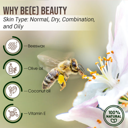A bee gathers pollen from a white flower, highlighting the hydrating balm by Mielbrut.com. Hydrating Beeswax Balm uses beeswax, olive oil, coconut oil, and vitamin E—100% natural hydration for lips and skin. Suitable for all skin types.