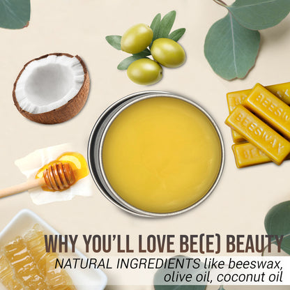 A tin of Hydrating Beeswax Balm from Mielbrut.com sits among beeswax, honey, coconut, olives, and honeycomb. Text reads: "Why you'll love it: Natural hydration for lips and skin with beeswax, olive oil & coconut oil.