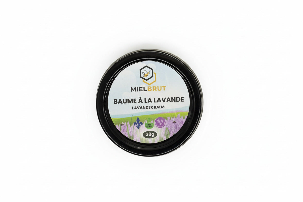 MielBrut Lavender Balm container on a reflective surface