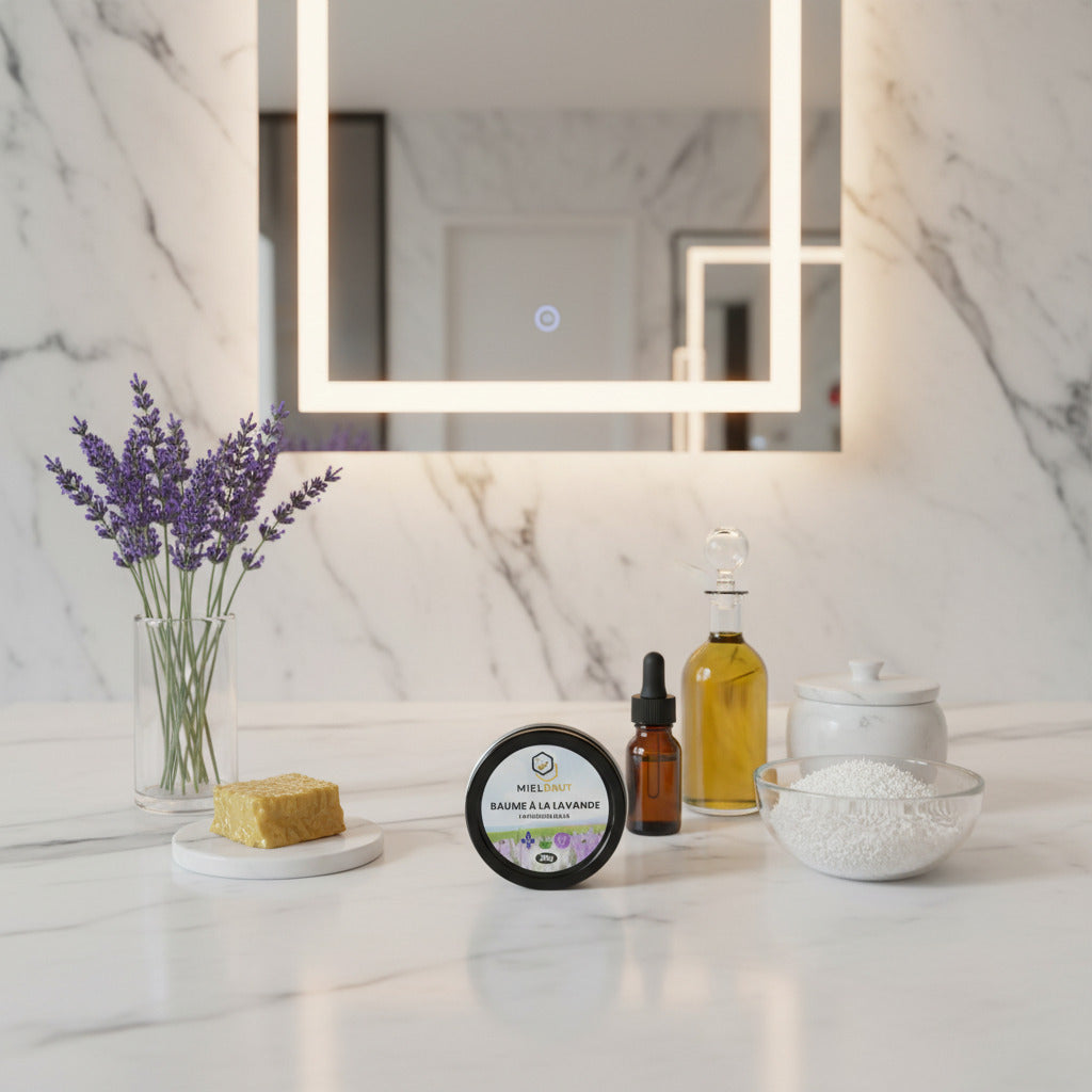 MielBrut Lavender Balm container on a reflective surface