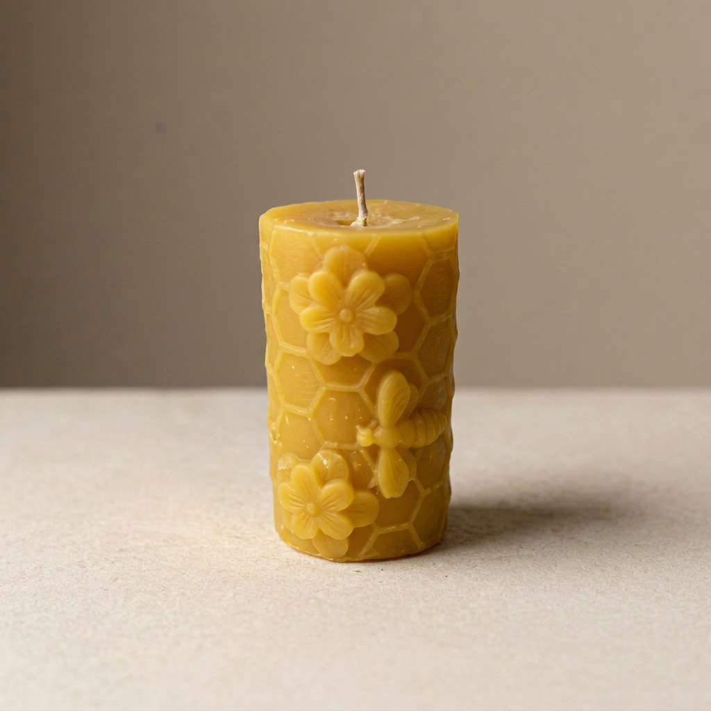 Bees and Flowers Pillar Candle in Pure Beeswax | Handmade in Quebec | Mielbrut