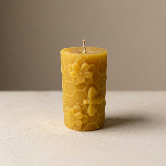 Bees and Flowers Pillar Candle in Pure Beeswax | Handmade in Quebec | Mielbrut