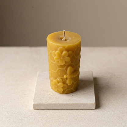 Bees and Flowers Pillar Candle in Pure Beeswax | Handmade in Quebec | Mielbrut