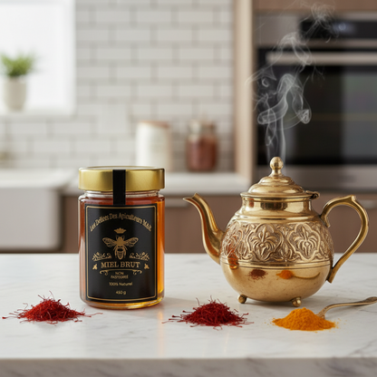 A jar of Saffron Elixir: Pure Quebec Honey Infused with the Golden Essence of Iranian Saffron by Mielbrut.com sits on a marble countertop beside a brass teapot and saffron, with a stylish kitchen in the background.