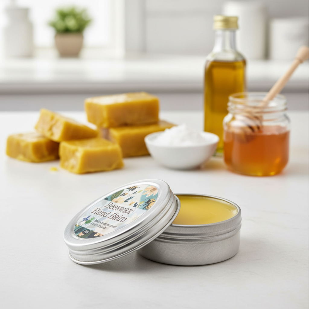 An open tin of Hydrating Beeswax Balm by Mielbrut.com rests on a white counter with beeswax blocks, powder, honey, and oil—a natural remedy to moisturize lips and skin.