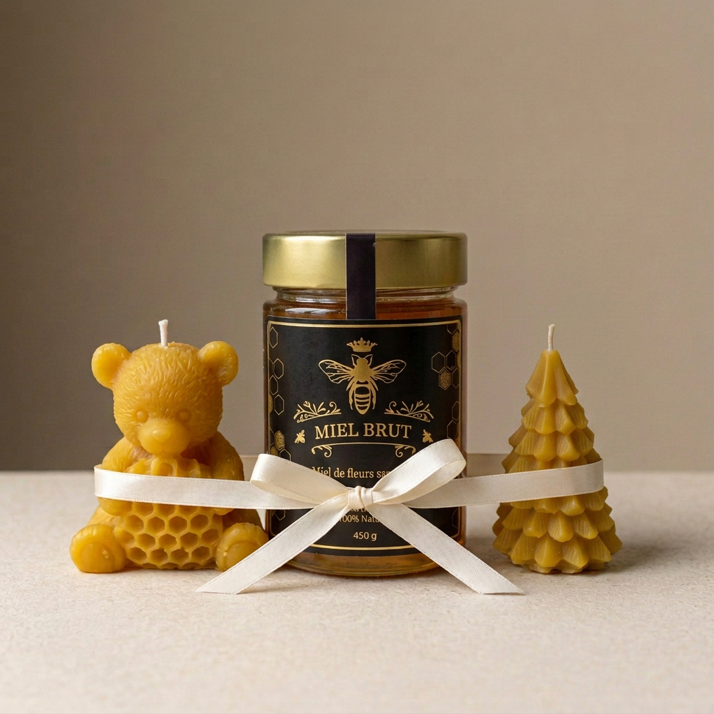 Honey gift bundle with bear and Christmas tree candles at matching heights