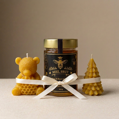 Honey gift bundle with bear and Christmas tree candles at matching heights