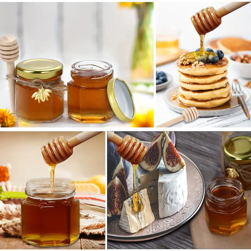 A collage of four images showcasing Mielbrut.com's premium Honey Jar Filling Service—perfect for weddings and corporate events: a jar with the lid open; a honey dipper drizzling over blueberry pancakes; a dipper pouring honey from another jar; and a plate adorned with figs, cheese, and a custom honey jar.