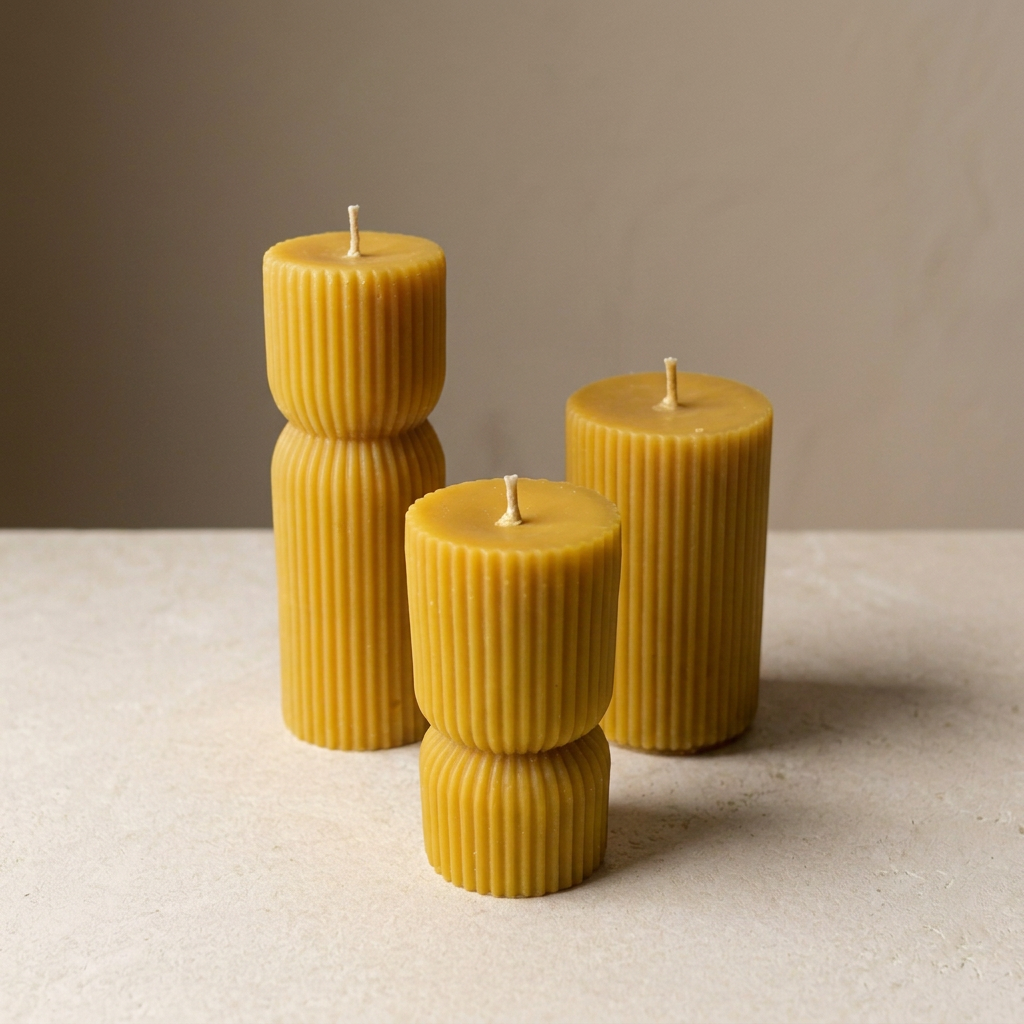 Luxurious beeswax candle trio from an elevated three-quarter angle