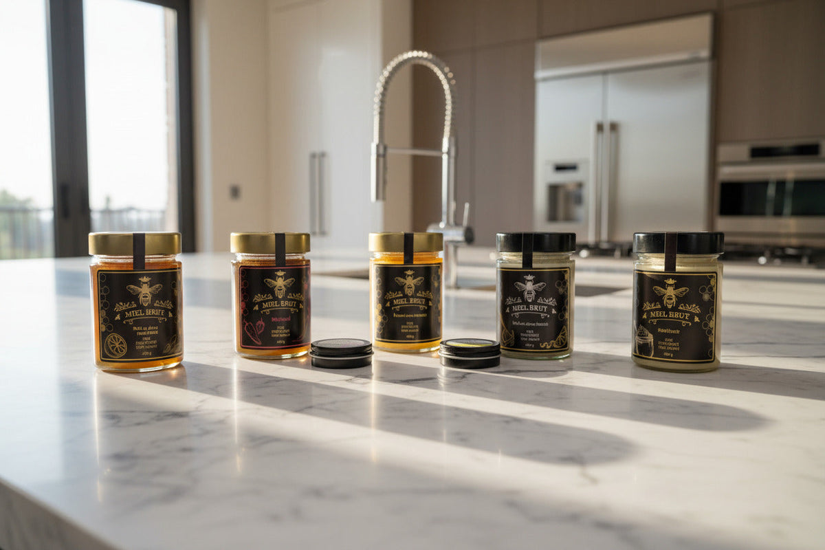 Six pots de miel brut du Québec Mielbrut sur un comptoir de cuisine