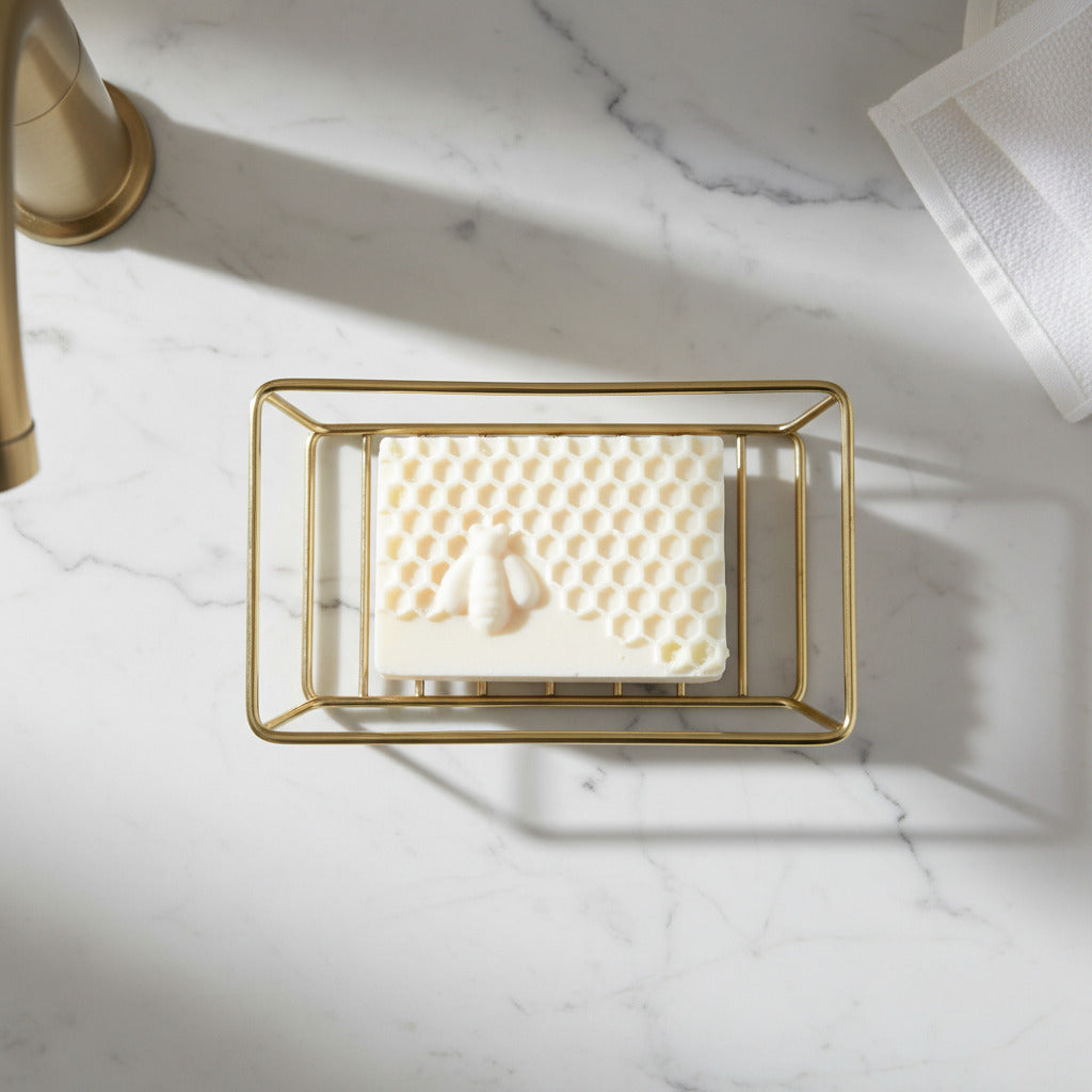 Bar of soap with a honeycomb pattern on a golden soap holder in a modern bathroom counter.