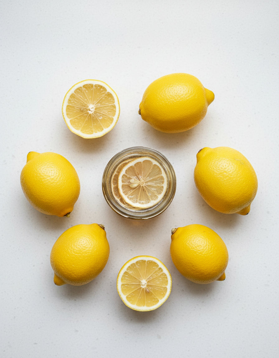 Six whole lemons and two halves arranged in a circle around a glass jar of Mielbrut.com Lemon and Cardamom Honey with lemon slices inside, all displayed on a white surface.