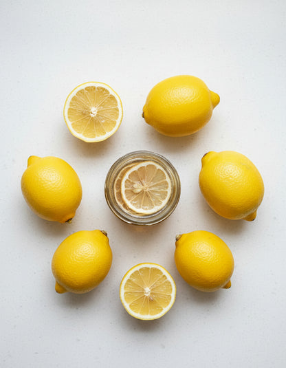 Six whole lemons and two halves arranged in a circle around a glass jar of Mielbrut.com Lemon and Cardamom Honey with lemon slices inside, all displayed on a white surface.