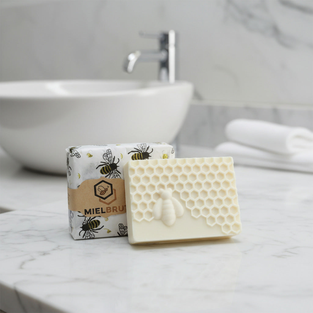 Square block of white soap with honeycomb pattern in an elegant modern bathroom countertop