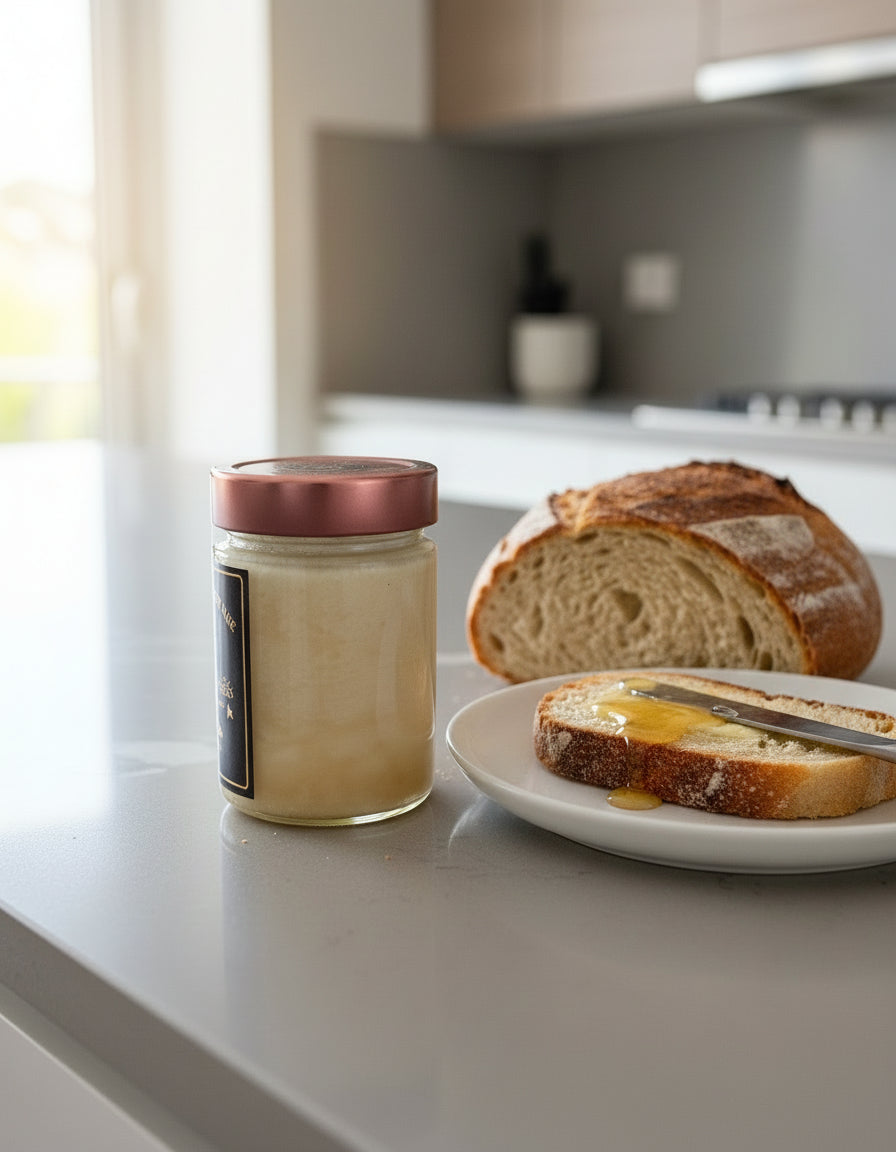 A jar of Mielbrut.com Whipped Honey sits on the kitchen counter beside sliced bread. On a plate, a knife rests by a slice topped with honey, all set in a modern kitchen bathed in soft natural light.