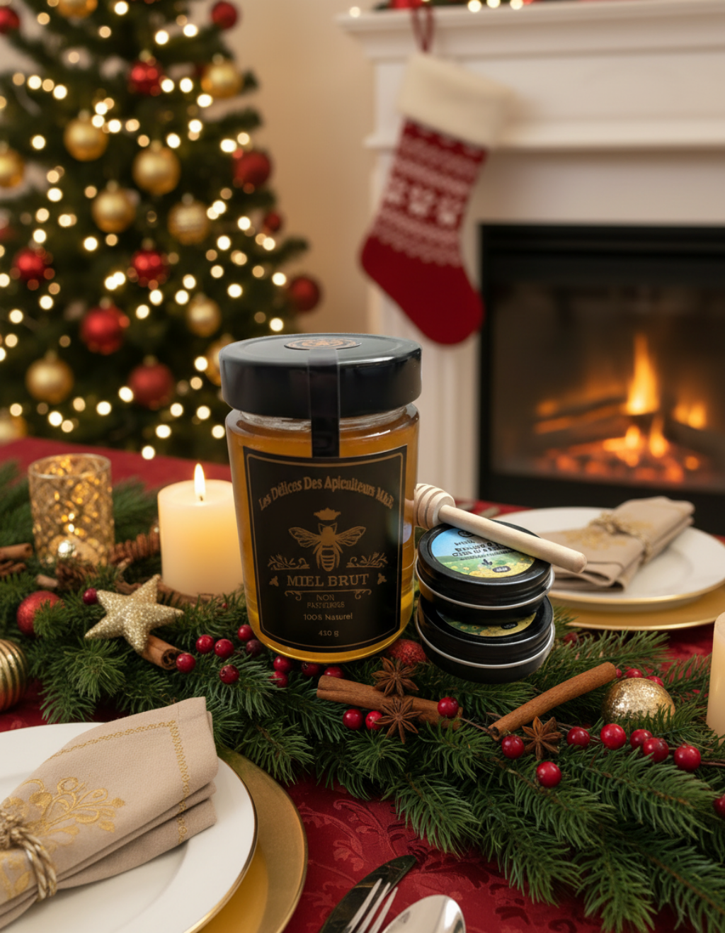 The Build‑Your‑Own Honey & Balm Gift Set from Mielbrut.com—featuring honey, beeswax balm, and small tins—is displayed on a festive table with Christmas decor, a glowing tree, and stockings by the fireplace in the background.