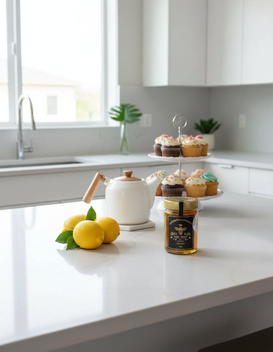 A bright kitchen with a white countertop displays lemons with leaves, Mielbrut.com Lemon and cardamon honey, a white ceramic teapot, and cupcakes on a stand. A large window and potted plants can be seen in the background.