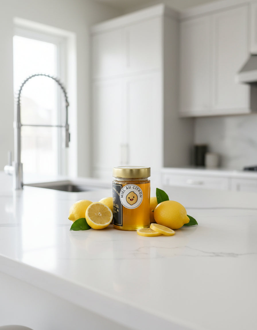 A jar of Mielbrut.com Lemon and Cardamom Honey sits on a white kitchen counter, surrounded by fresh lemons, lemon slices, and green leaves. Sunlight streams through the kitchen window, highlighting this Quebec honey.