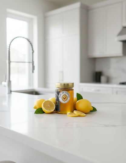 A jar of Mielbrut.com Lemon and Cardamom Honey sits on a white kitchen counter, surrounded by fresh lemons, lemon slices, and green leaves. Sunlight streams through the kitchen window, highlighting this Quebec honey.