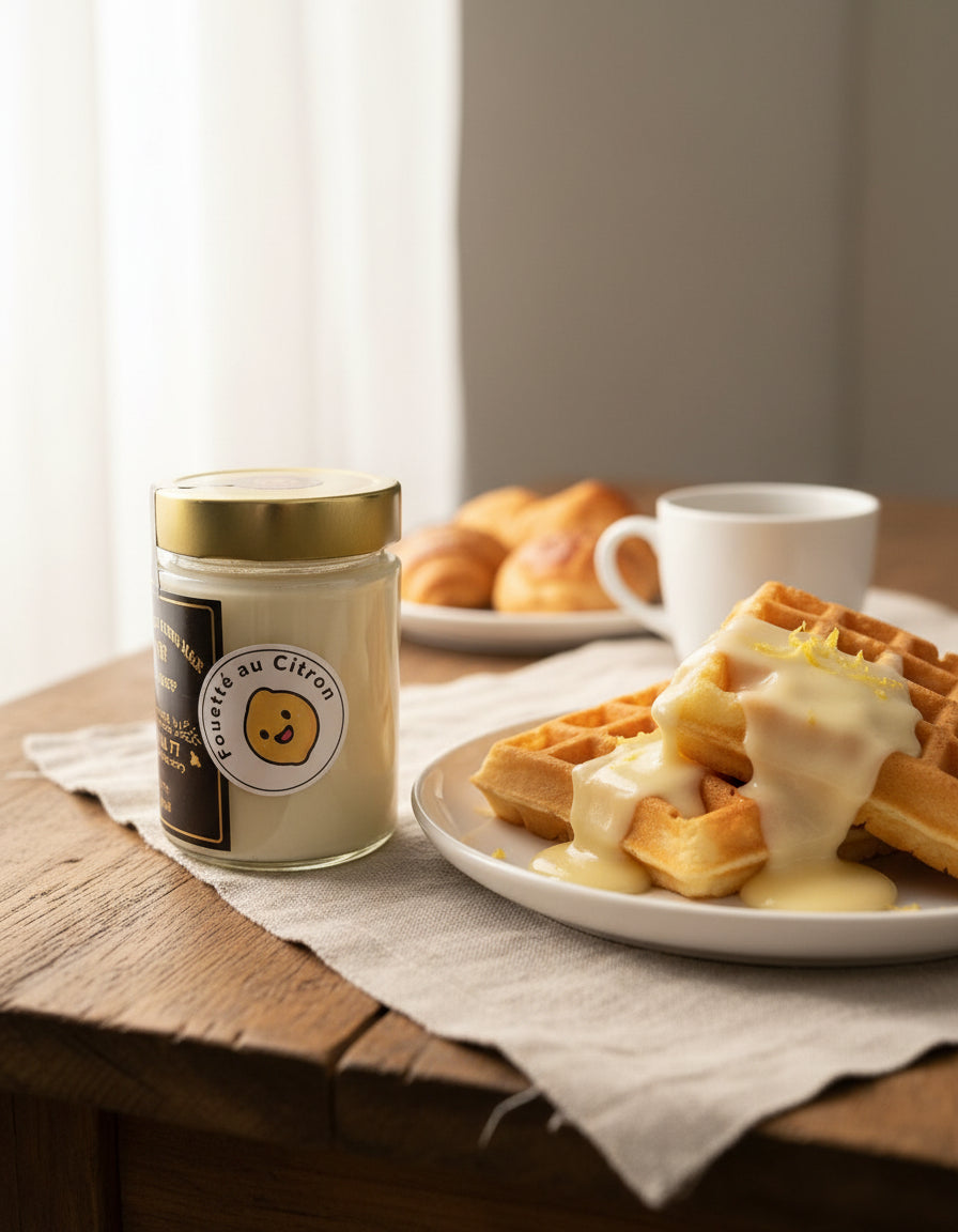 A glass jar of Mielbrut.com Whipped Lemon Honey with a gold lid and a cute lemon cartoon label sits on a wooden table, blurred pillows in the background.