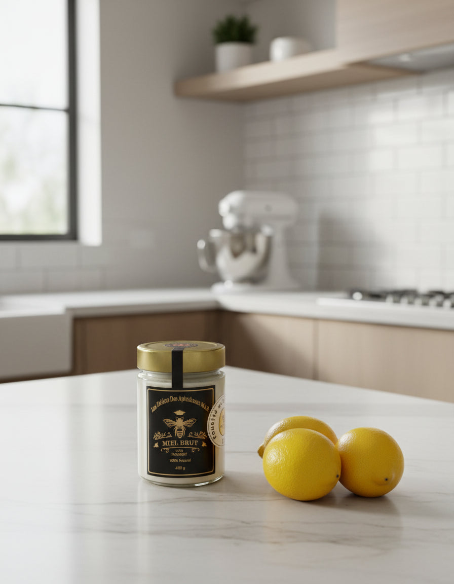 A glass jar of Mielbrut.com Whipped Lemon Honey with a gold lid and black label sits on a wooden surface with a blurred patterned background—ideal for anyone craving a premium, citrusy honey spread experience.