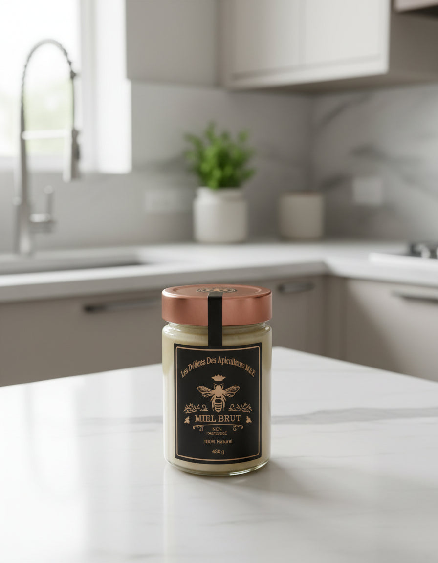 A glass jar of Whipped Honey from Mielbrut.com, sporting a gold and black label, sits on a white kitchen counter. The clean, modern kitchen features blurred cabinets, a sink, and faucet in the background.