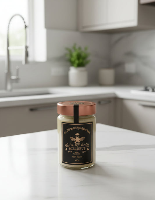 A glass jar of Whipped Honey from Mielbrut.com, sporting a gold and black label, sits on a white kitchen counter. The clean, modern kitchen features blurred cabinets, a sink, and faucet in the background.